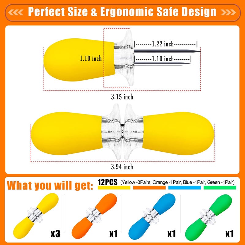 AQRINGO 12 Pcs/6 Pairs Corn Holders, Stainless Steel Corn Cob Holders Corn on The Cob Skewers for BBQ Twin Pin Sweetcorn Holders, Interlocking Design Corn Skewers Forks for Home Cooking BBQ,4 Colors - Image 2